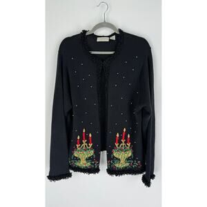 Lemon Grass Vintage Ugly Christmas Cardigan Sweater Womens XL Black Candelabra